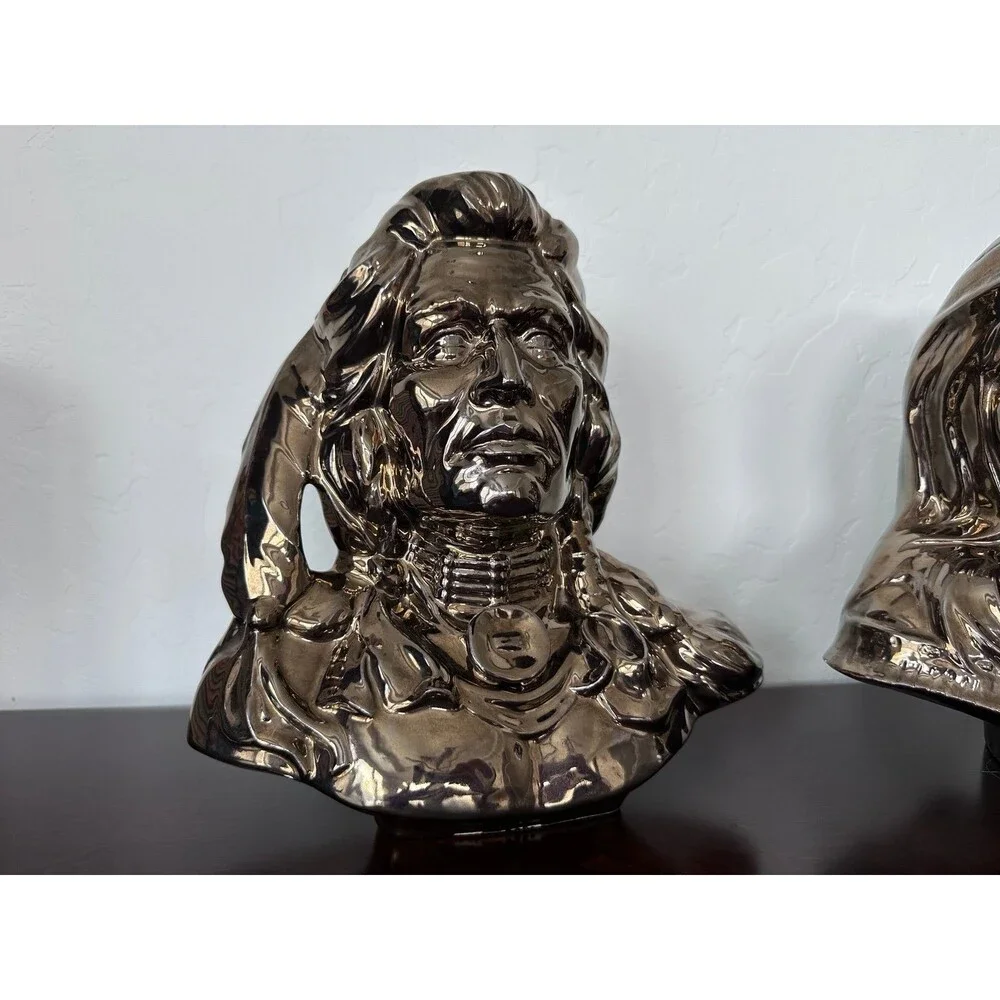 Vintage Native American Bust Statues Bronze Gold Ceramic 11